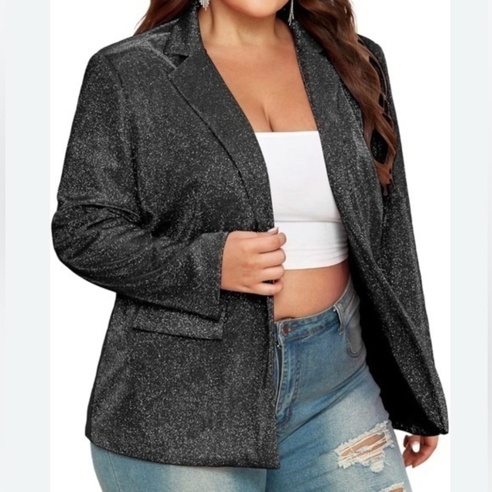 Soho Women's Plus Size Blazer Jacket Collared V-Neck Glitter Sparkly Long Sleeve